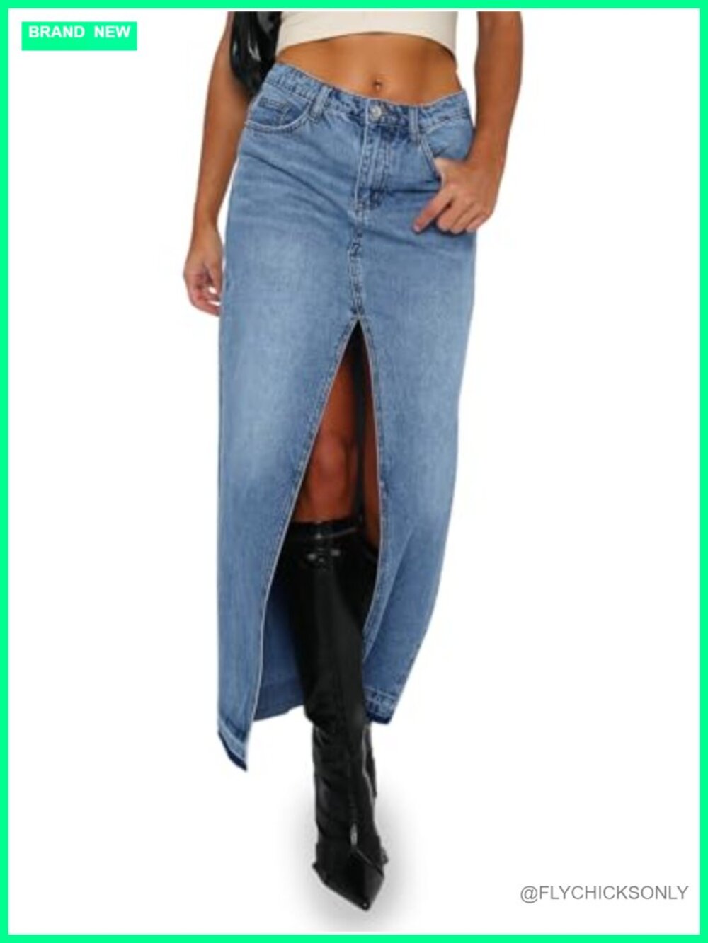 High Waisted Long Denim Maxi Skirt Split Frayed Hem Jean Skirt